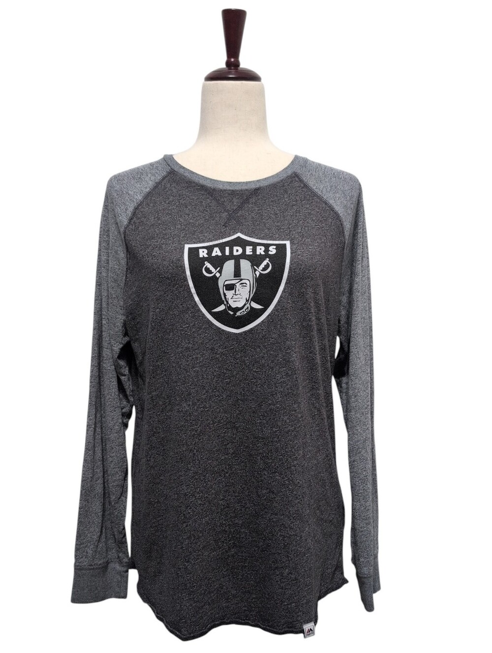 NFL Raiders Long Sleeve Shirt Majestic Dark Gray Light Gray Raglan Size Medium